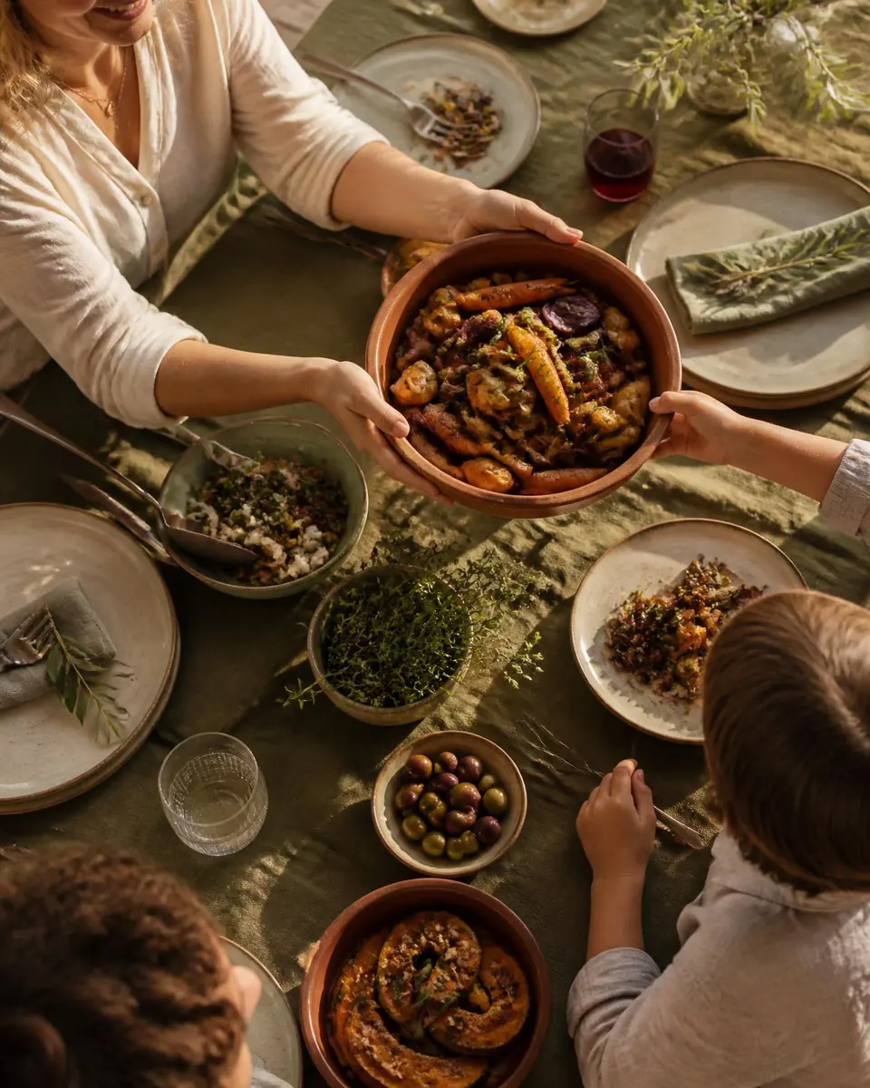 A family passing a bowl of roasted vegetables across a warmly lit dinner table